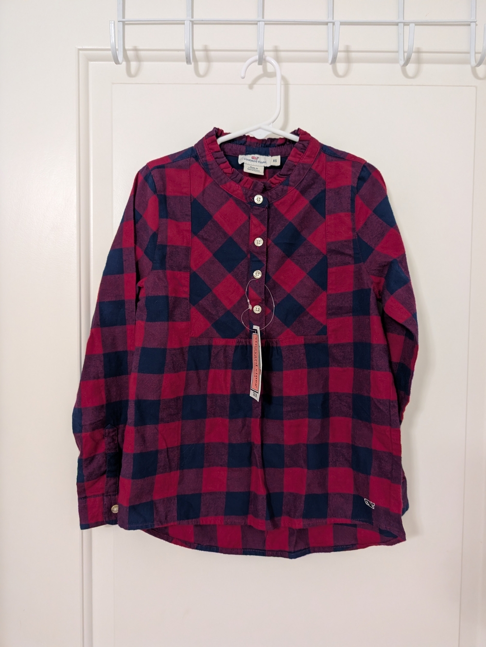Vineyard Vines Girls XS Buffalo Plaid Ruffle Popover Top NWT